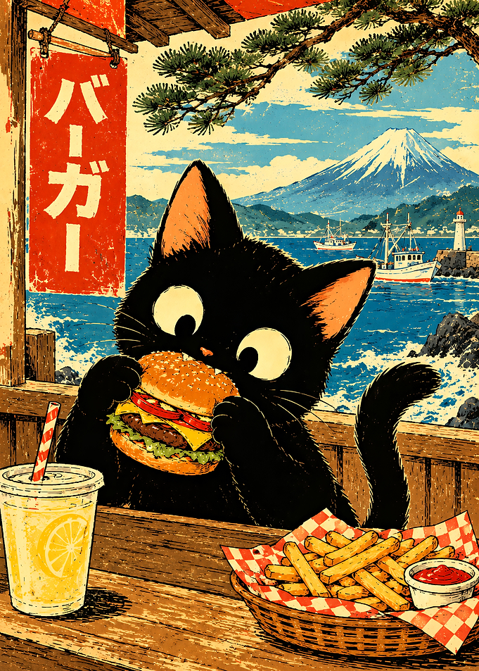 Black Cat Eating Burger by Sea