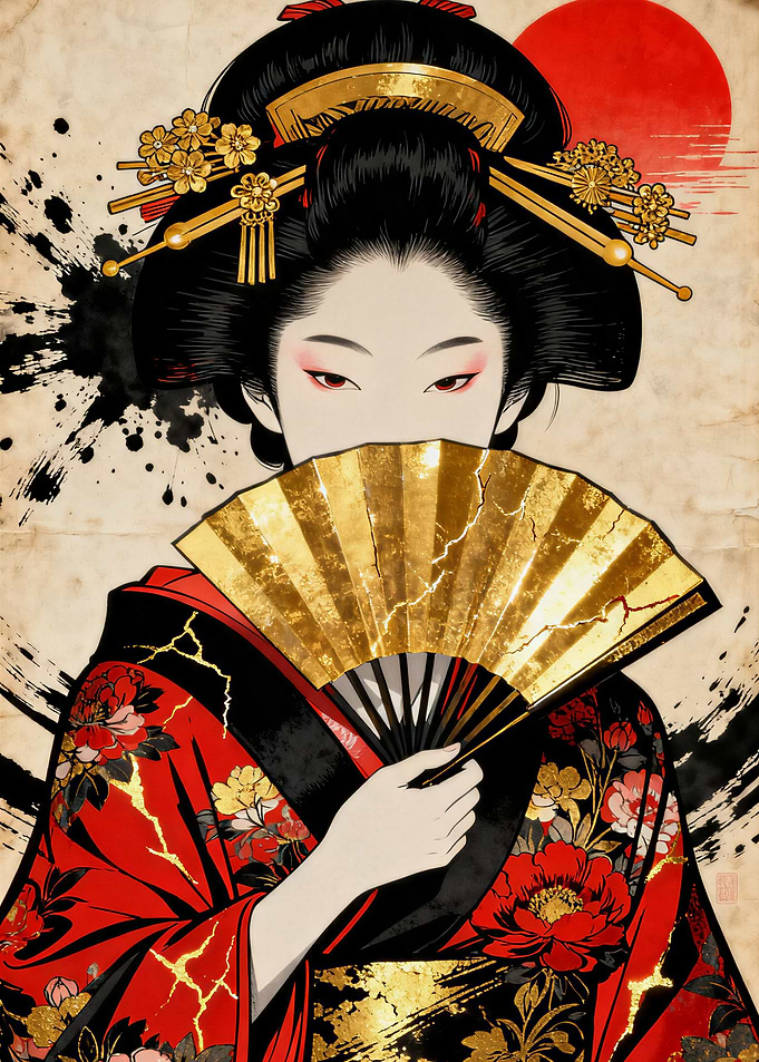 Japanese Oiran III - Golden Fan in Ink