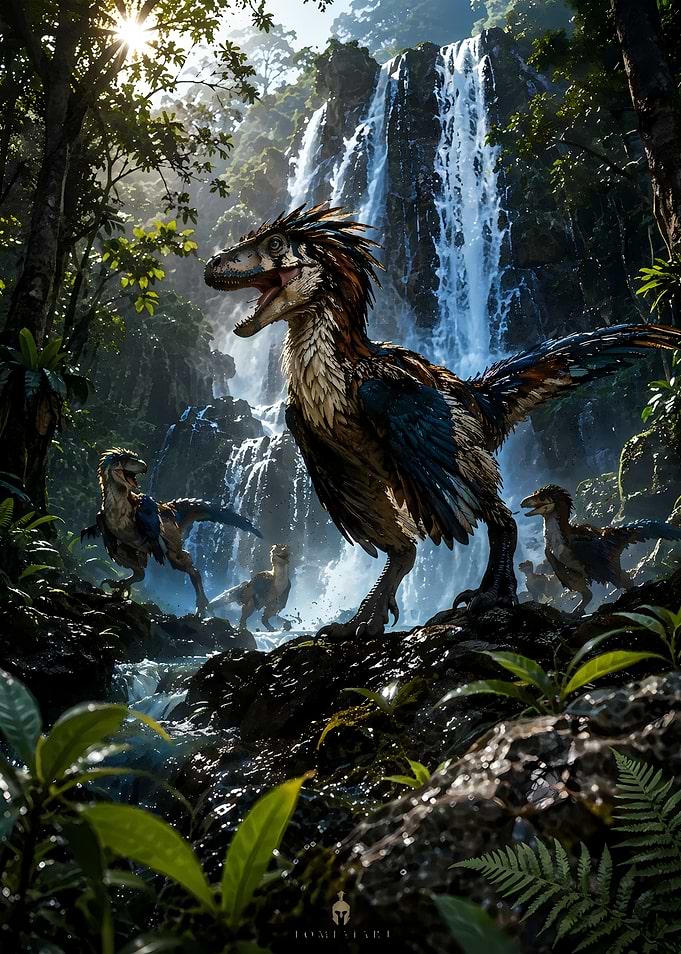 Velociraptor Feathered Raptors in Tropical Waterfall Setting