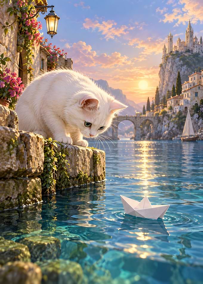 Cat Watching Paper Boat