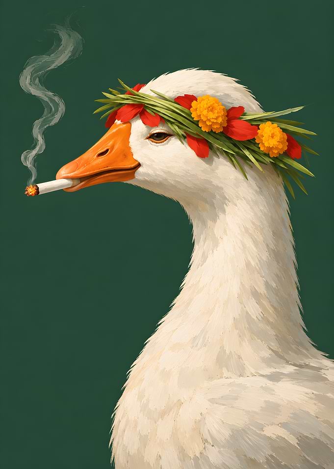Goose Wearing Floral Crown Smoking Cigarette