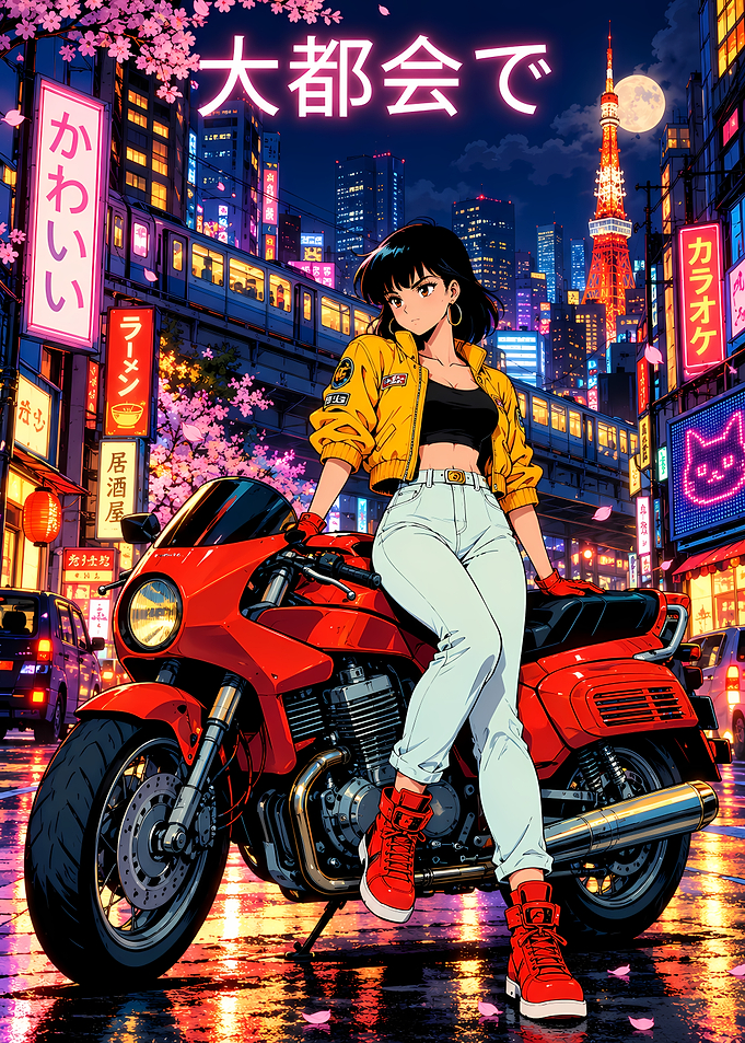 Anime Girl on Motorcycle in Tokyo