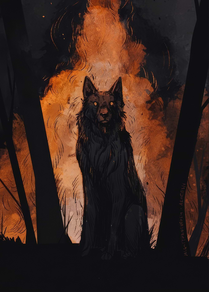 Black Wolf in Forest Fire
