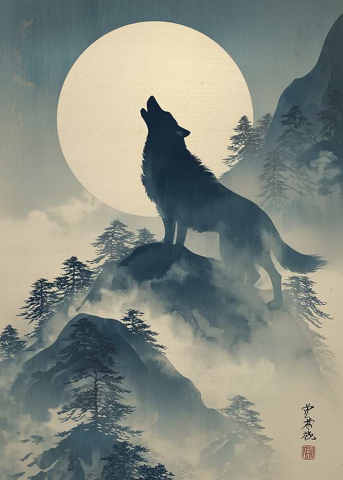 Wolf Howling at Moon Japanese Art