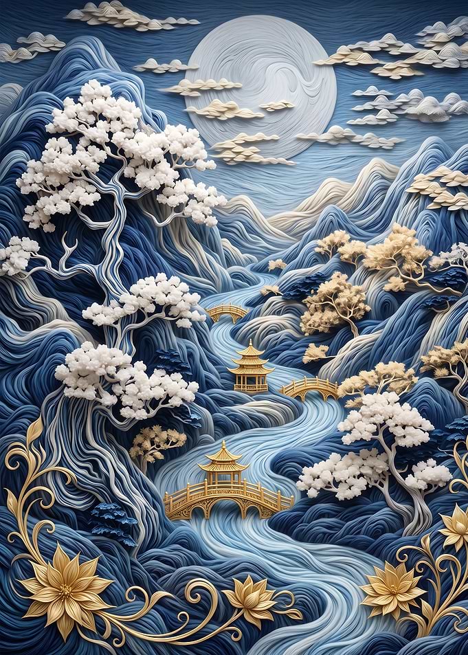 Blue and Gold Asian Landscape Art
