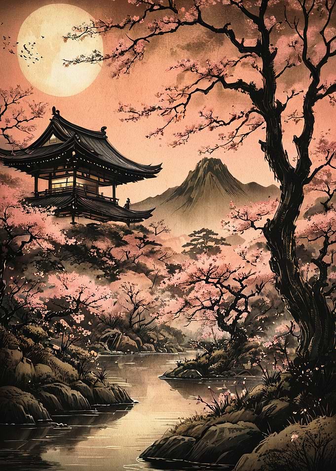 Japanese Pagoda Blossom Moon Art