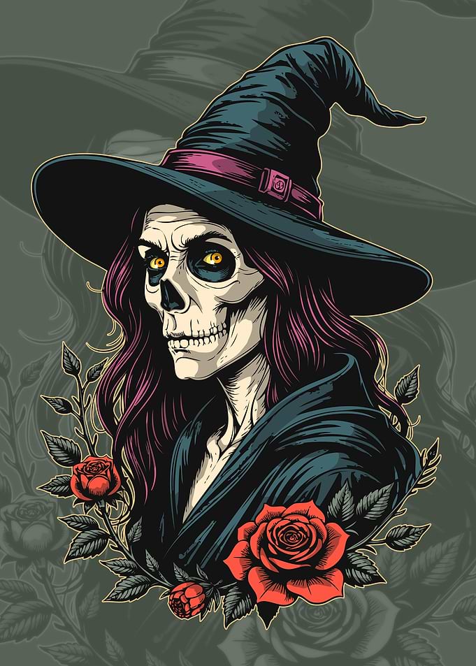 Gothic Witch Skull Portrait with Roses