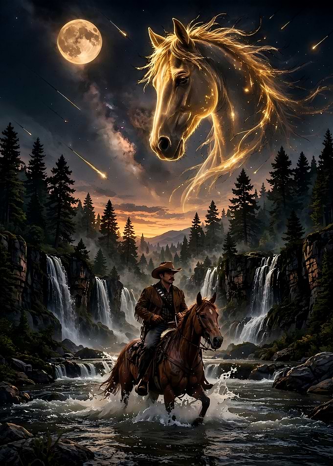 Horse 'Cowboy Riding Through Mystical Waterfall'