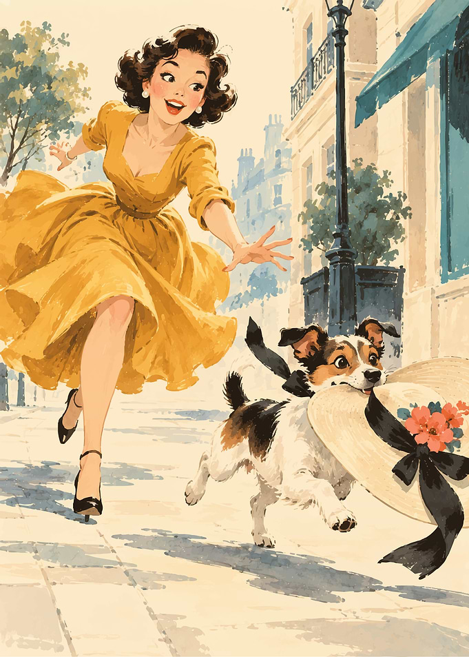 Woman chasing dog with hat