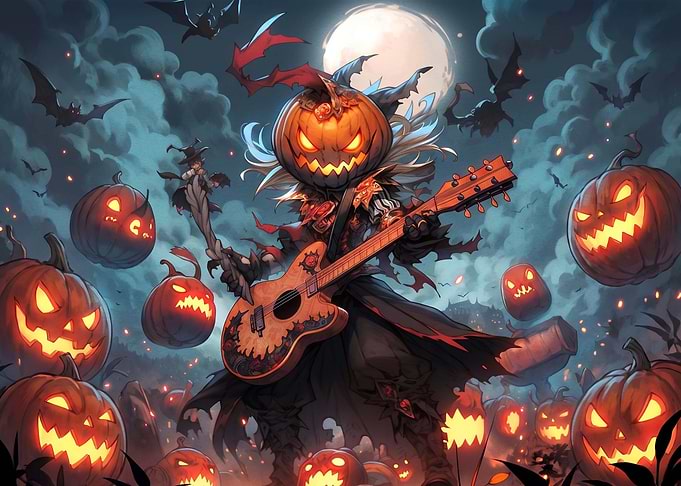 Pumpkin Head Musician Halloween Scene