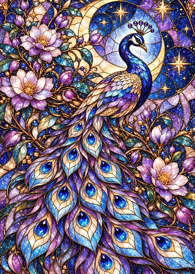 Stained Glass Peacock and Moon Art
