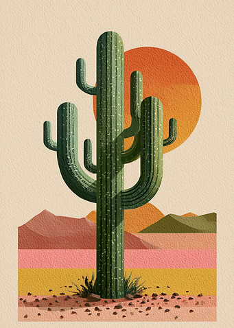 Minimalist Saguaro Cactus Desert Landscape