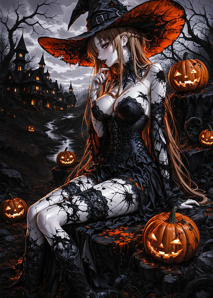 Anime Witch with Jack-o'-lanterns