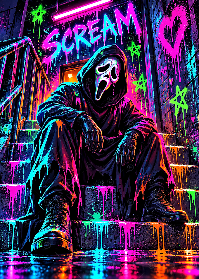 Neon Ghostface Scream Graffiti Art