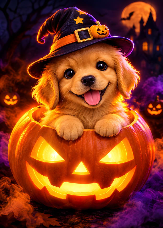 Cute Puppy in Halloween Pumpkin
