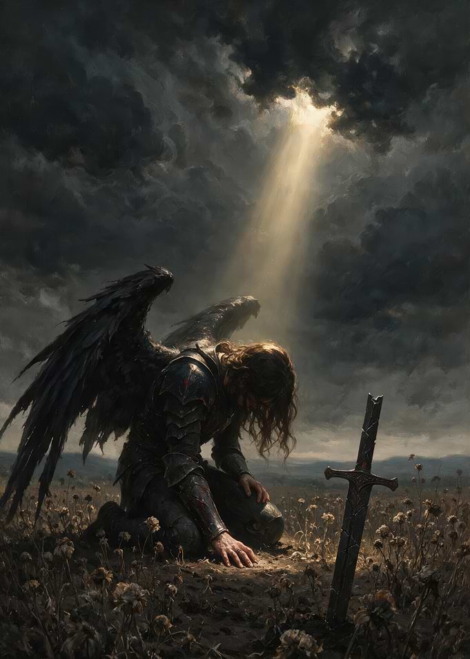 Fallen Angel Kneeling in Field