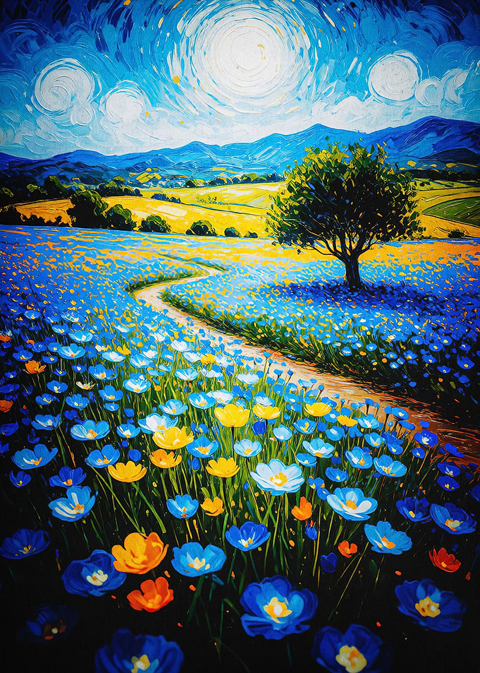 Blue Flower Meadow Impasto Art