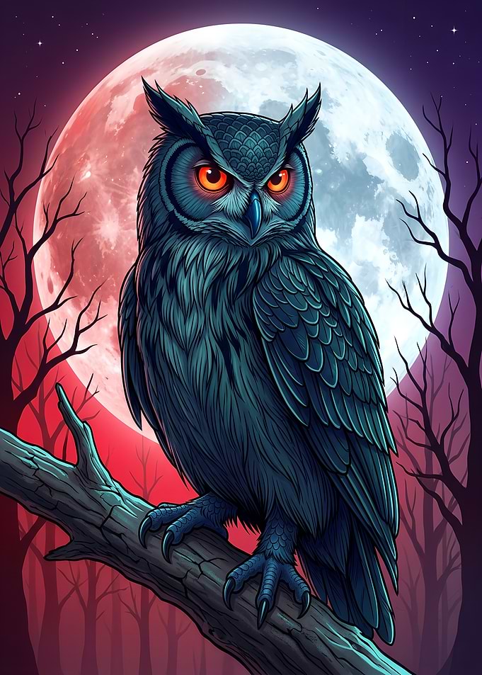 Mystical Owl Bird Under Red Moon