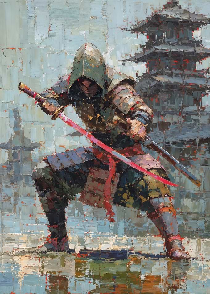 Hooded Samurai Drawing Red Katana Near Pagoda
