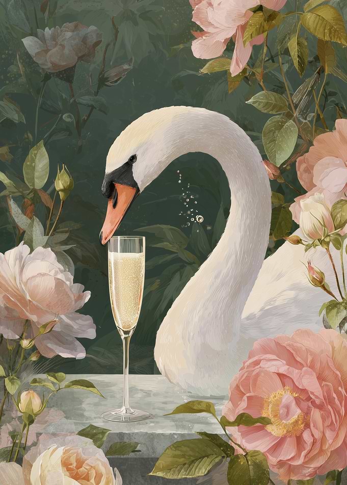 Elegant Swan Drinking Champagne Among Roses