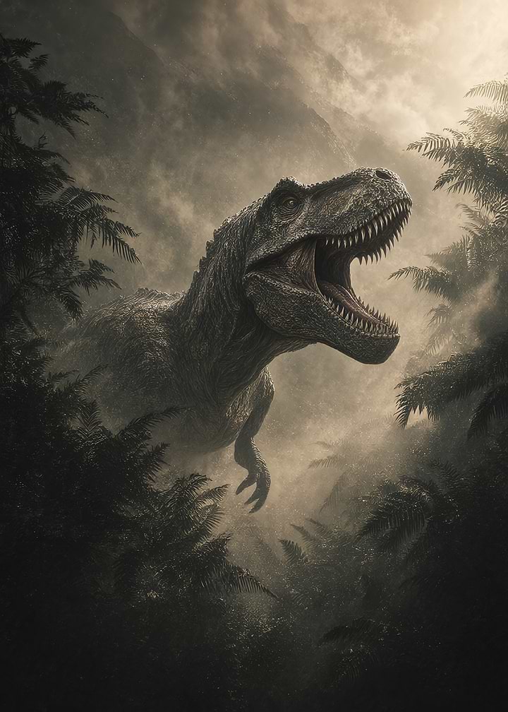 Roaring Tyrannosaurus Rex in Misty Jungle