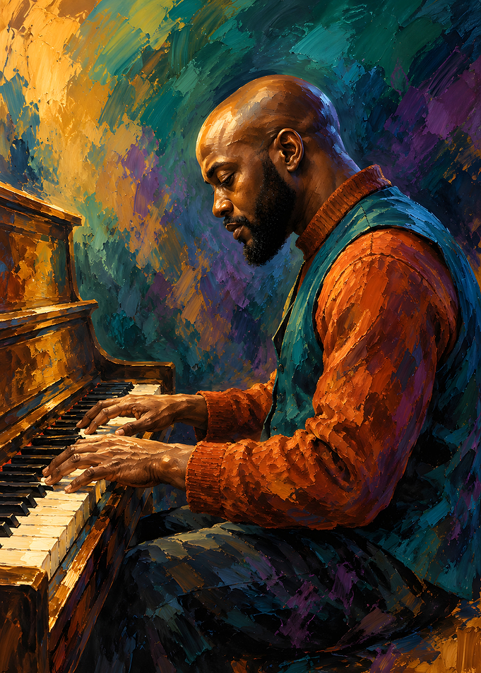 Soulful Pianist in Vibrant Oil Painting
