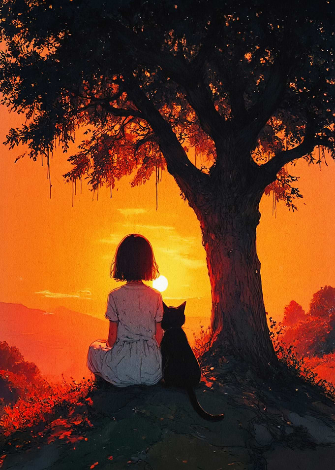 Girl and Cat Sunset Fantasy Art