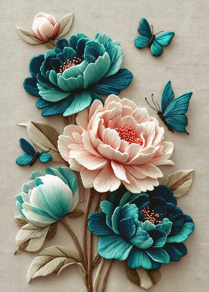 Royal Blue Harmony - 3D Silk Embroidery Floral Poster