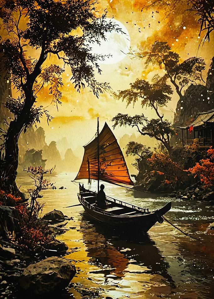 Asian Boat Moon Golden Watercolor