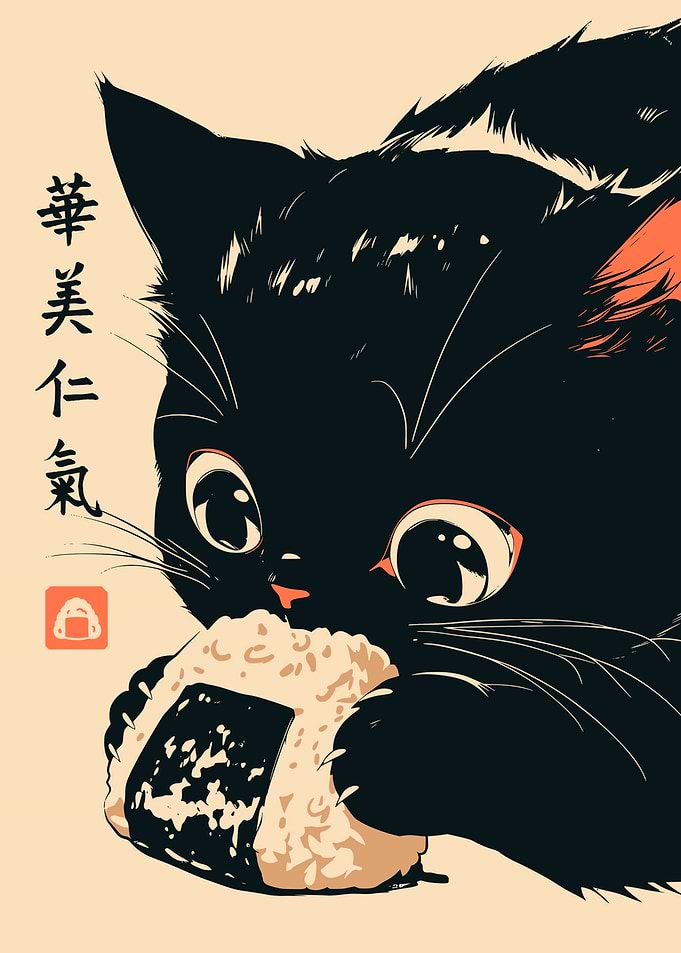 Japanese Black Cat Onigiri Vintage