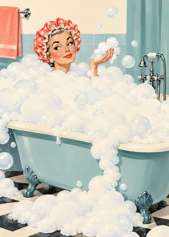 Vintage Pin-up Woman in Bubble Bath