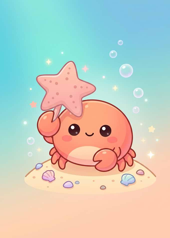 Cute Kawaii Crab Holding Starfish