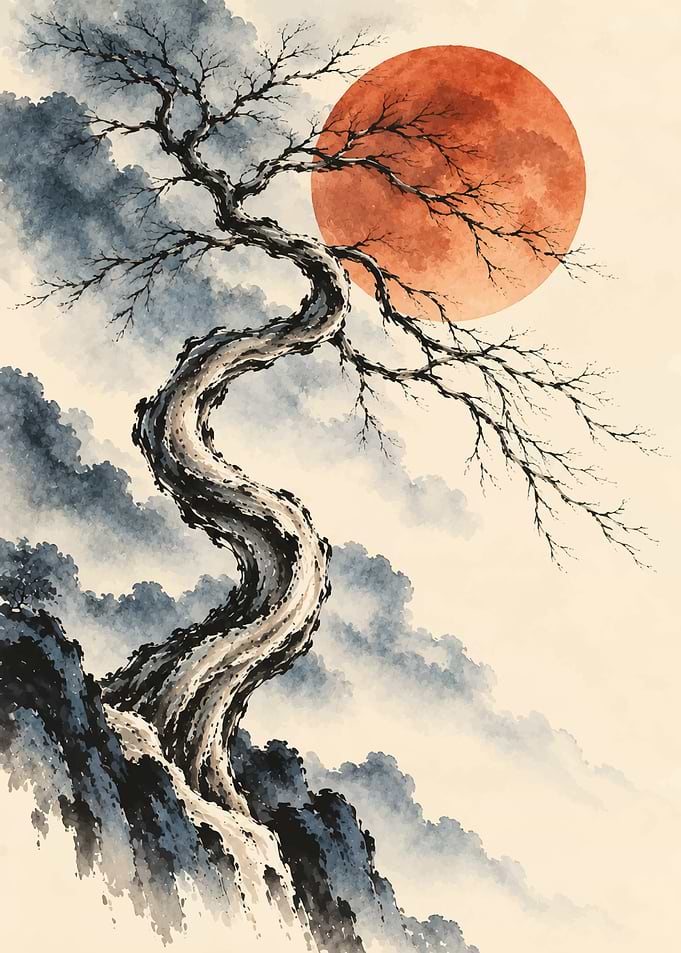 Traditional Japanese Ink Wash Tree Painting