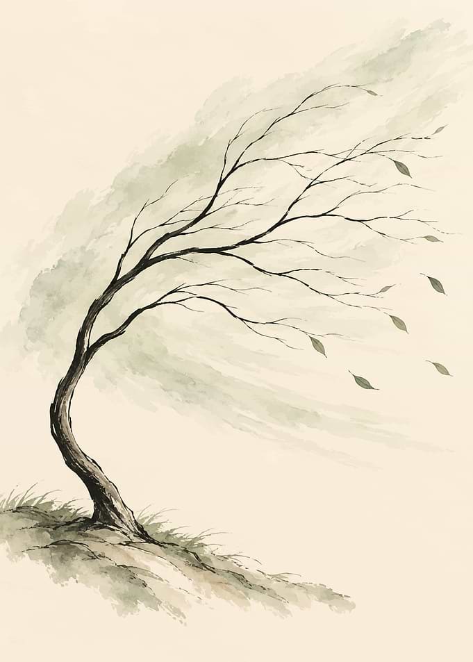 Watercolor Illustration of a Windy Tree