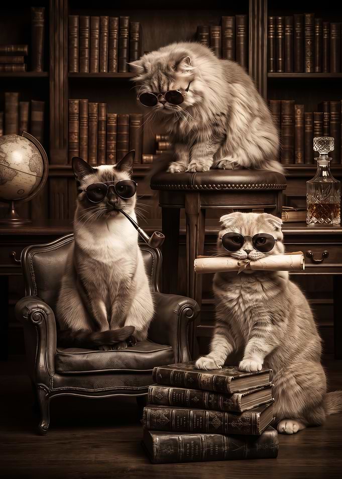 cool Sophisticated Cats in a Library