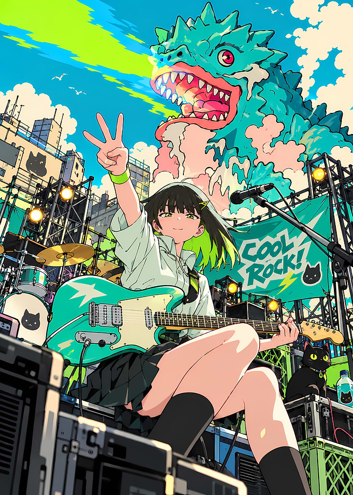 Anime Girl Rocking Out with Kaiju