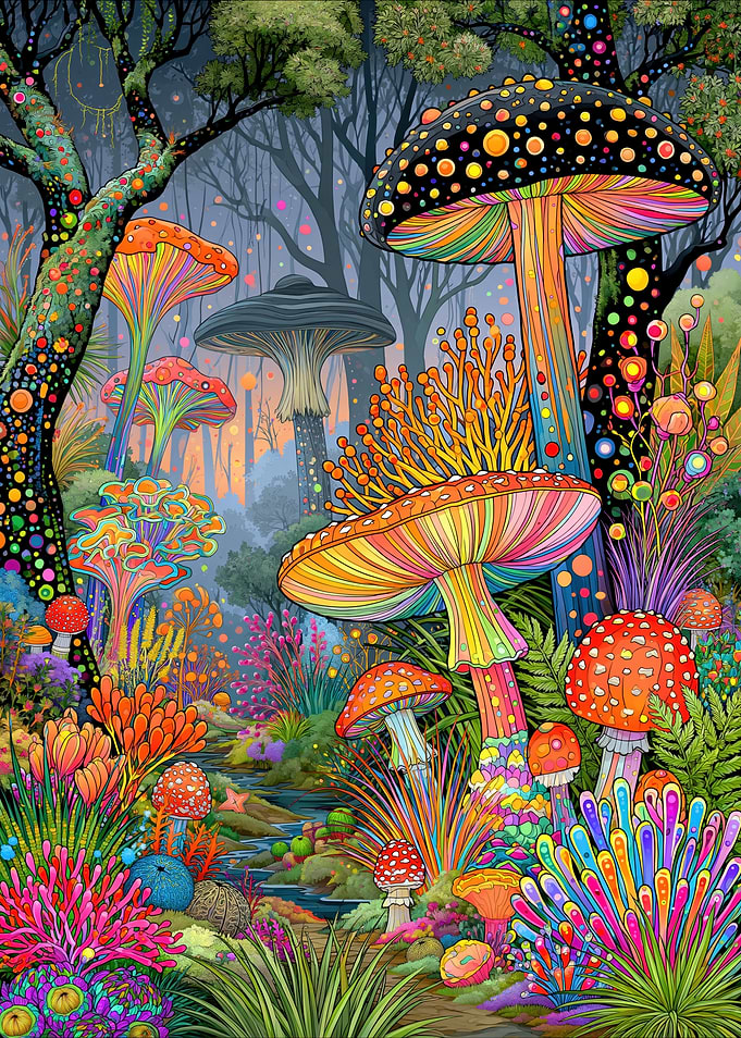Vibrant Psychedelic Mushroom Forest Landscape