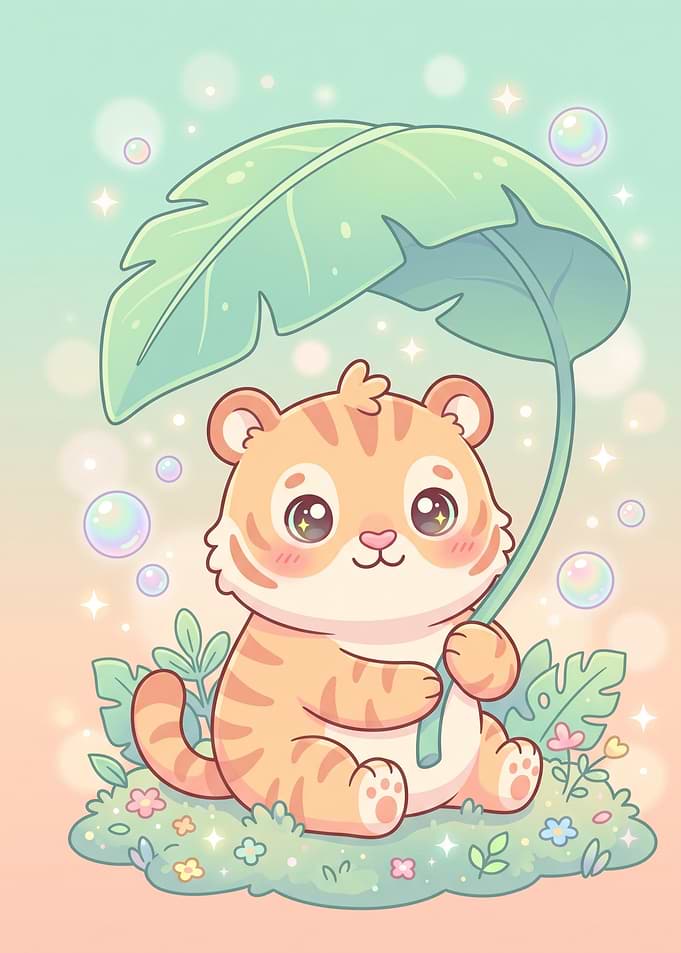 Cute Baby Tiger with Leaf Umbrella