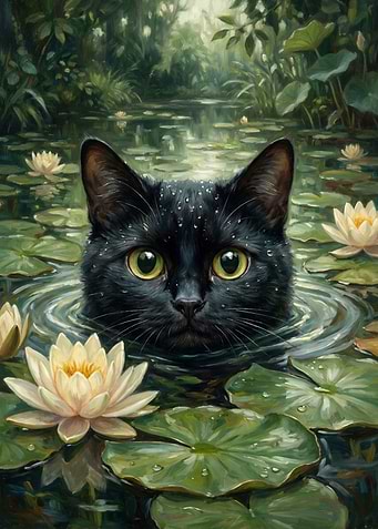 Black Cat in Water Lily Pond