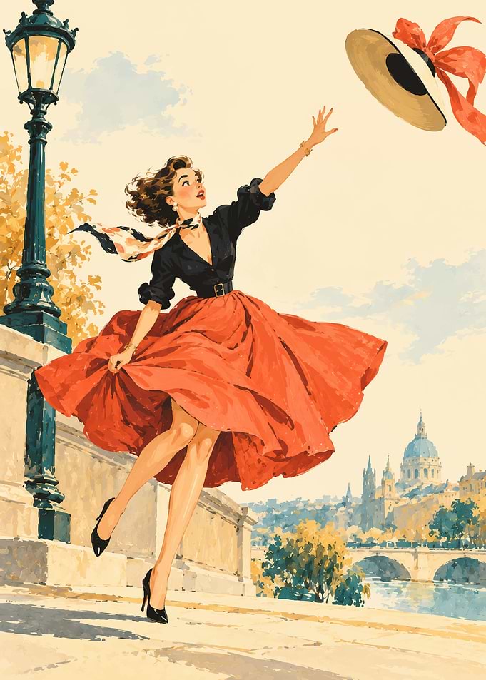 Vintage Parisian Woman Chasing Hat