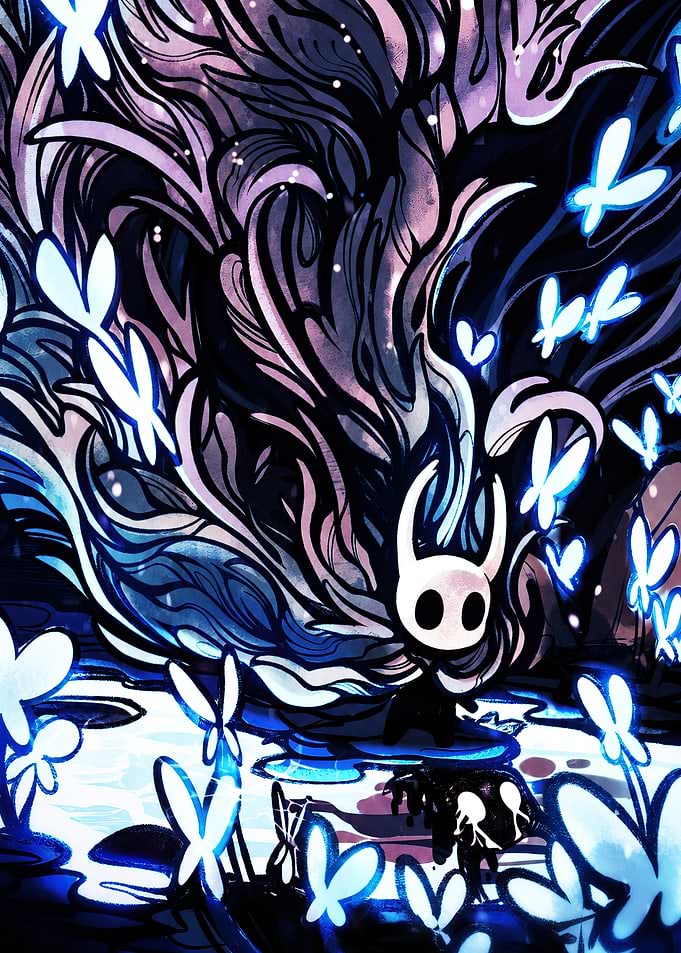 Hollow Knight Surrounded by Glowing Butterflies