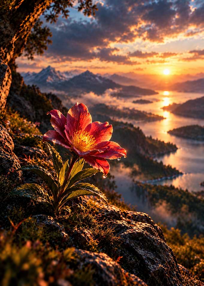 Mountain Flower at Golden Sunset