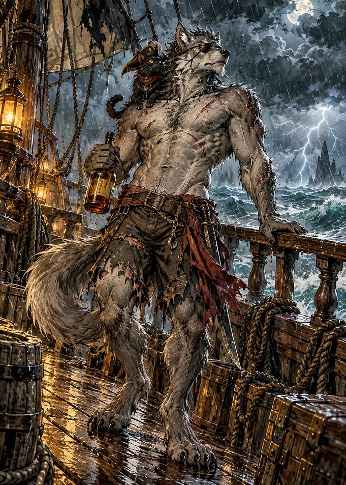 Werewolf Pirate on Stormy Sea