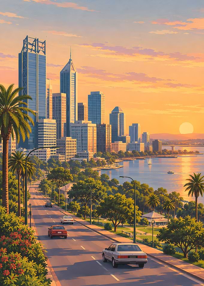 Sunset Cityscape with Coastal Road