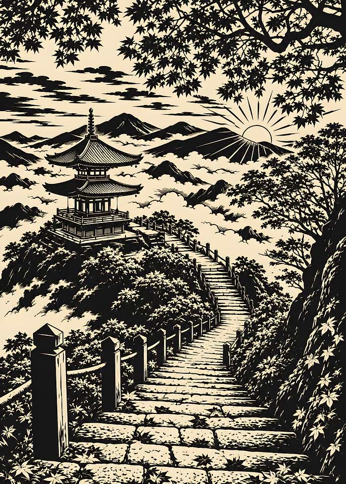 Japanese Mountain Pagoda Sunrise