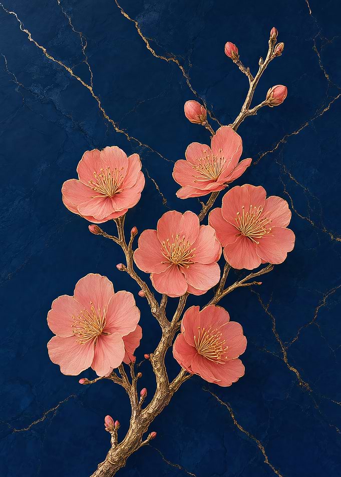 Golden Cherry Blossoms on Blue Marble