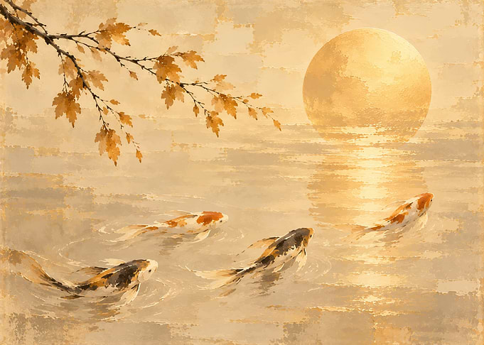 Koi Fish Swimming Under Golden Moon
