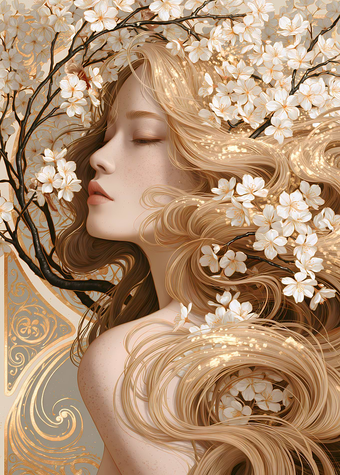 Ethereal Woman with Cherry Blossoms