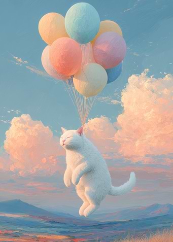 White Cat Floating with Pastel Balloons