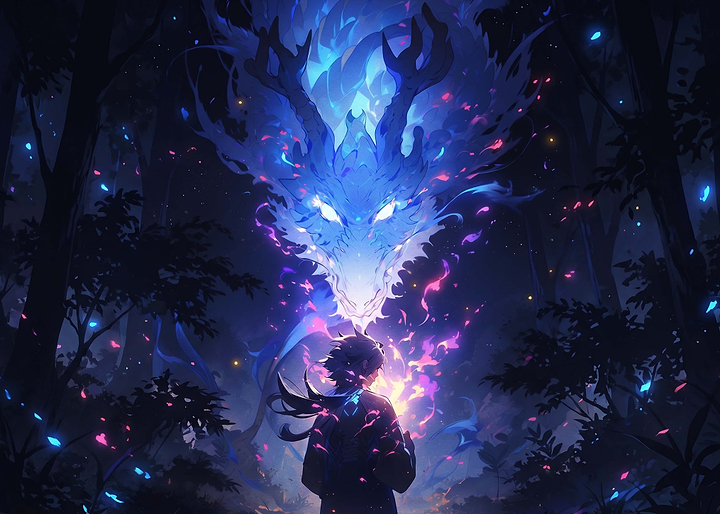 Anime Boy Summoning Blue Spirit Dragon